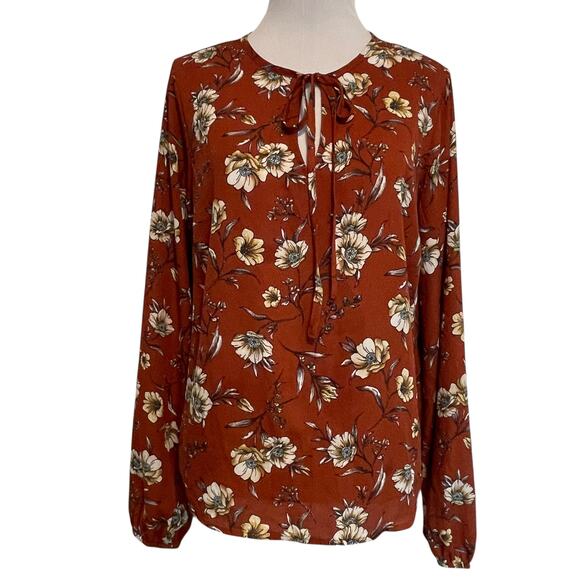 Lucky Brand Floral Peasant Top Womens Small Rust Brown Boho Long Sleeve Blouse - Picture 1 of 9